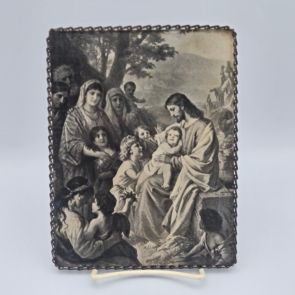 Antique Chain Framed Flue Cover Jesus with Children Religious Black/White Print